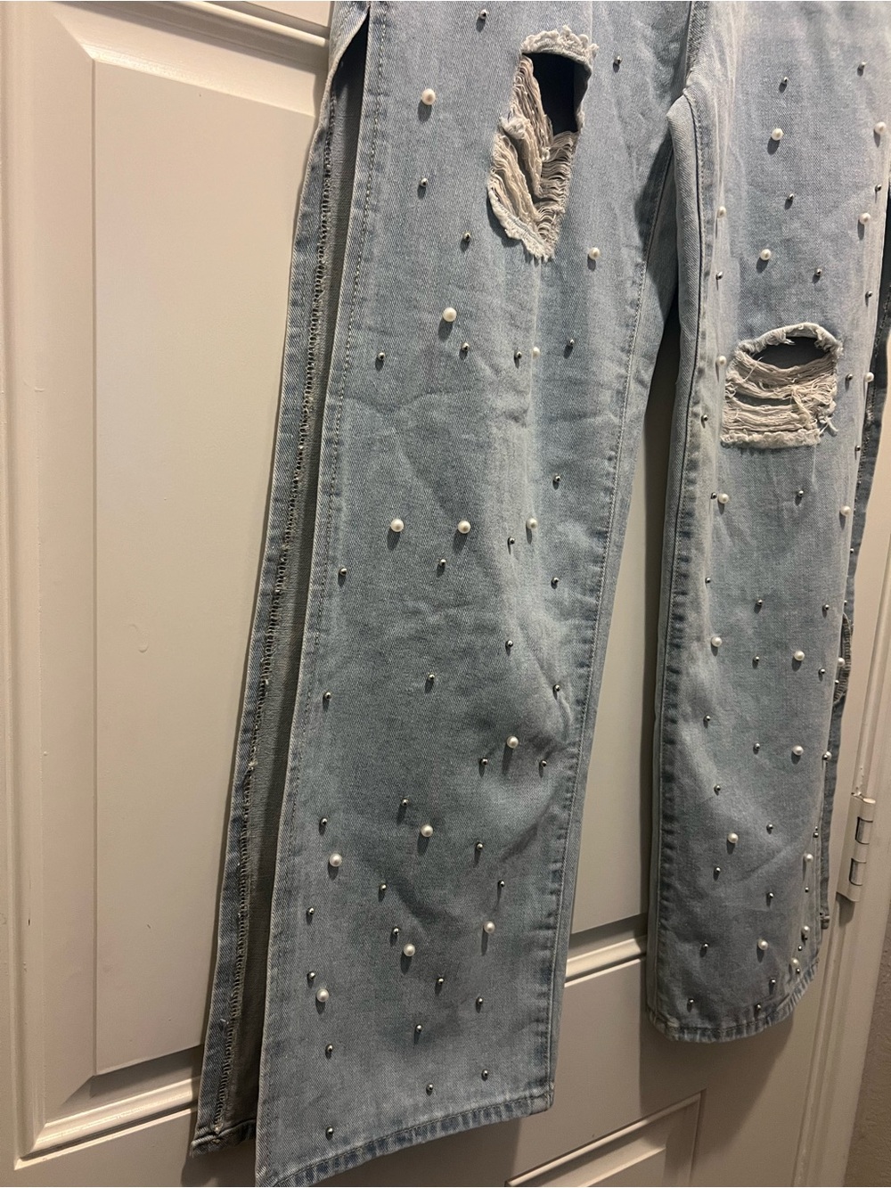 Embellished Light Wash Distressed Jeans